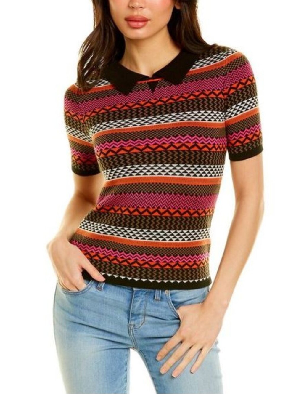 NEW Eva Franco Size XS Black Multi-Color Striped Short-Sleeve Knit Sweater Top